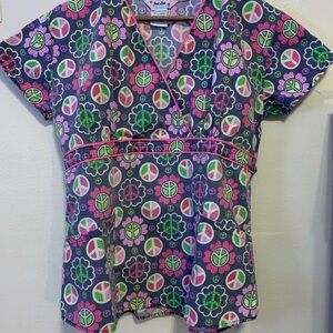 Just Love Peace Sign Print Women’s Scrub Top with tie in the back